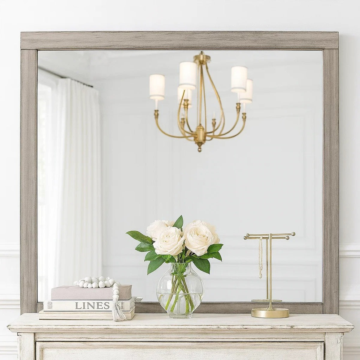 Deena 41 Inch Classic Accent Mirror, Wood Grain, Gray Finish  - BM295545