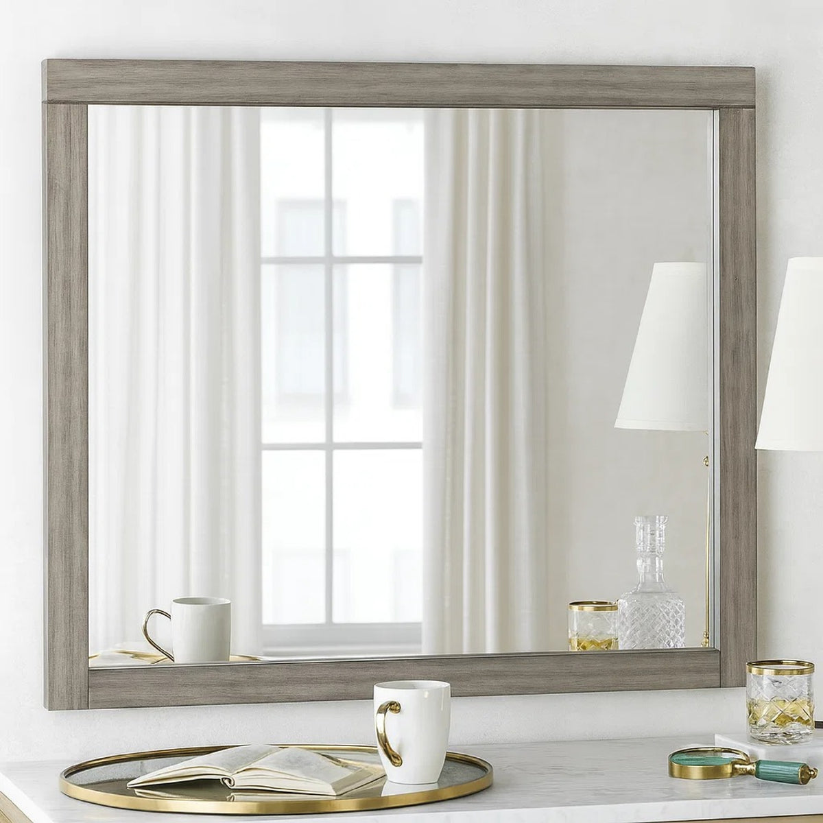 Deena 41 Inch Classic Accent Mirror, Wood Grain, Gray Finish  - BM295545