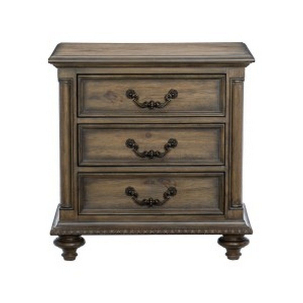 Danya 29 Inch 3 Drawer Nightstand, Metal Drop Handles, Turned Legs, Brown  - BM295578