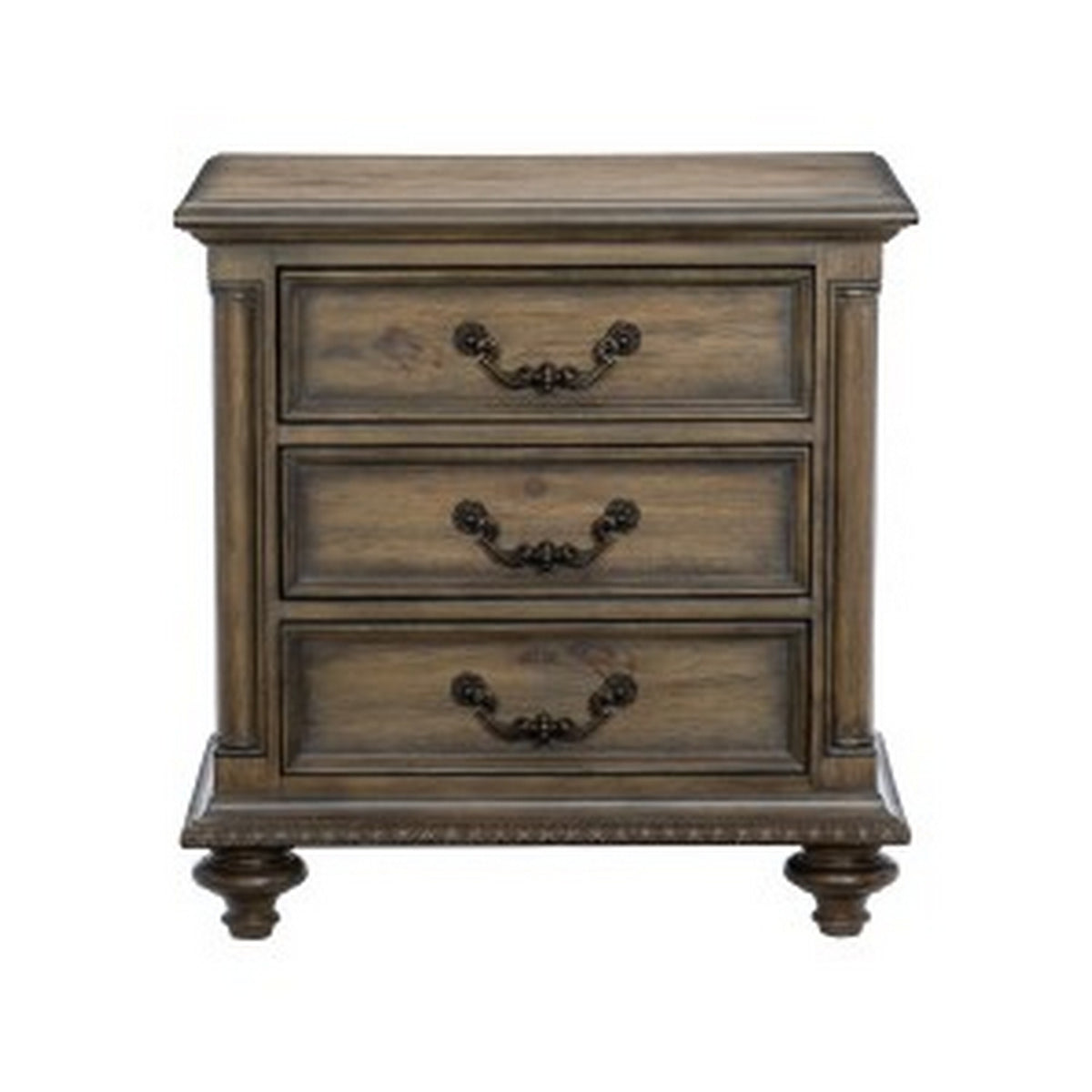 Danya 29 Inch 3 Drawer Nightstand, Metal Drop Handles, Turned Legs, Brown  - BM295578