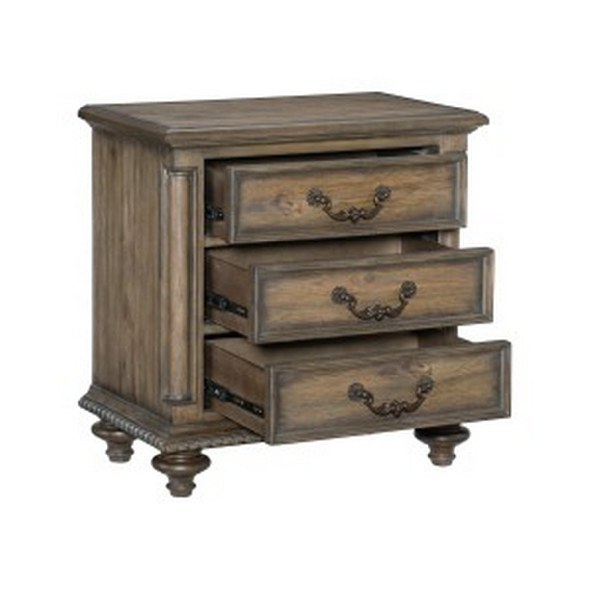 Danya 29 Inch 3 Drawer Nightstand, Metal Drop Handles, Turned Legs, Brown  - BM295578