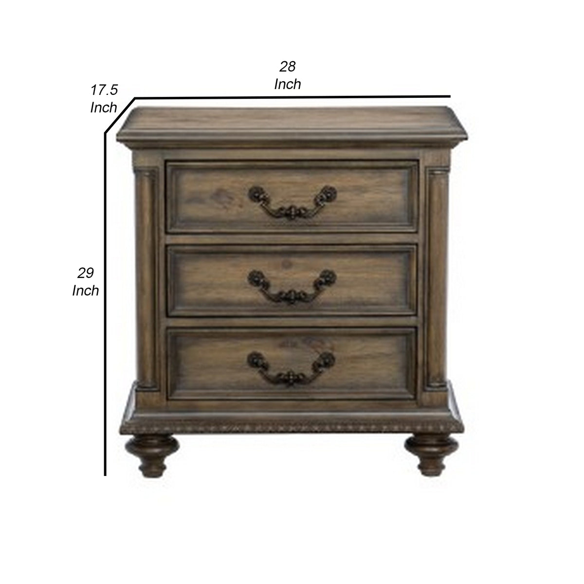 Danya 29 Inch 3 Drawer Nightstand, Metal Drop Handles, Turned Legs, Brown  - BM295578