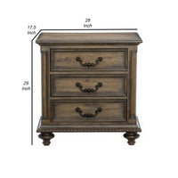 Danya 29 Inch 3 Drawer Nightstand, Metal Drop Handles, Turned Legs, Brown  - BM295578