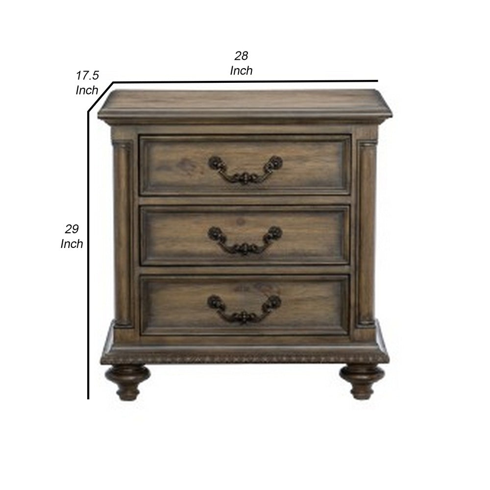 Danya 29 Inch 3 Drawer Nightstand, Metal Drop Handles, Turned Legs, Brown  - BM295578