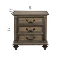 Danya 29 Inch 3 Drawer Nightstand, Metal Drop Handles, Turned Legs, Brown  - BM295578