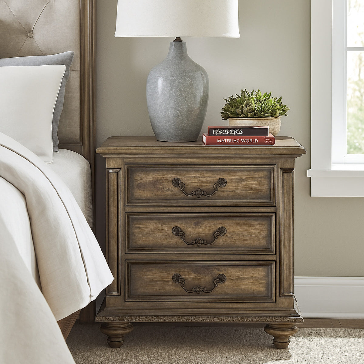 Danya 29 Inch 3 Drawer Nightstand, Metal Drop Handles, Turned Legs, Brown  - BM295578