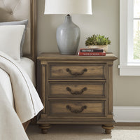 Danya 29 Inch 3 Drawer Nightstand, Metal Drop Handles, Turned Legs, Brown  - BM295578