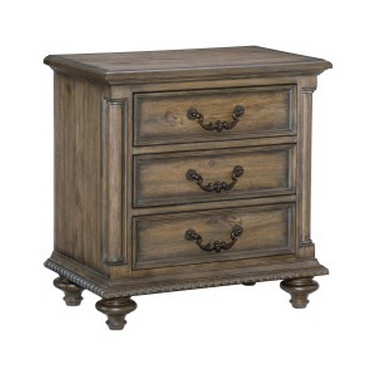 Danya 29 Inch 3 Drawer Nightstand, Metal Drop Handles, Turned Legs, Brown  - BM295578