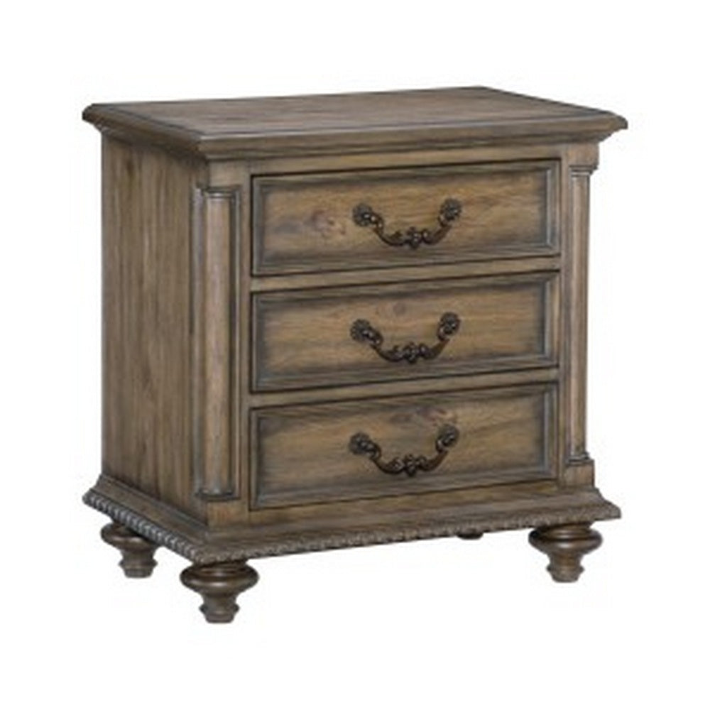 Danya 29 Inch 3 Drawer Nightstand, Metal Drop Handles, Turned Legs, Brown  - BM295578