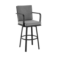 Faye 30 Inch Modern Patio Barstool, Black Aluminum Frame, Gray Cushions - BM295645