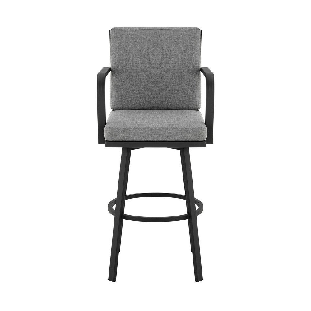 Faye 30 Inch Modern Patio Barstool, Black Aluminum Frame, Gray Cushions - BM295645