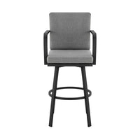 Faye 30 Inch Modern Patio Barstool, Black Aluminum Frame, Gray Cushions - BM295645