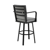 Faye 30 Inch Modern Patio Barstool, Black Aluminum Frame, Gray Cushions - BM295645