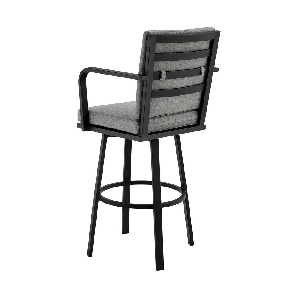 Faye 30 Inch Modern Patio Barstool, Black Aluminum Frame, Gray Cushions - BM295645