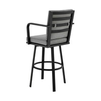 Faye 30 Inch Modern Patio Barstool, Black Aluminum Frame, Gray Cushions - BM295645