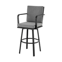 Faye 30 Inch Modern Patio Barstool, Black Aluminum Frame, Gray Cushions - BM295645