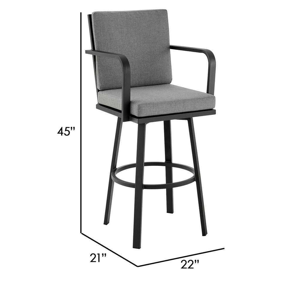 Faye 30 Inch Modern Patio Barstool, Black Aluminum Frame, Gray Cushions - BM295645