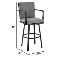 Faye 30 Inch Modern Patio Barstool, Black Aluminum Frame, Gray Cushions - BM295645