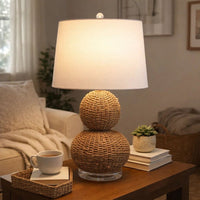 25 Inch Table Lamp, Rattan Woven, Inverted Tapered Shade, White, Beige - BM295713