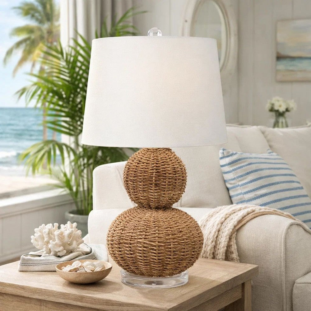 25 Inch Table Lamp, Rattan Woven, Inverted Tapered Shade, White, Beige - BM295713