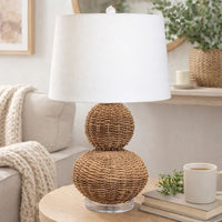 25 Inch Table Lamp, Rattan Woven, Inverted Tapered Shade, White, Beige - BM295713