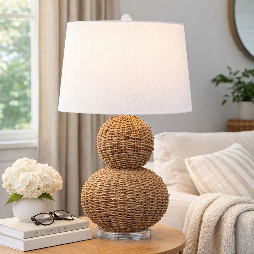 25 Inch Table Lamp, Rattan Woven, Inverted Tapered Shade, White, Beige - BM295713