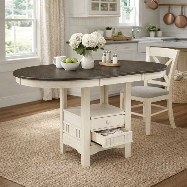 Glee 42-60 Inch Extendable Counter Height Table, Antique White and Brown - BM295908