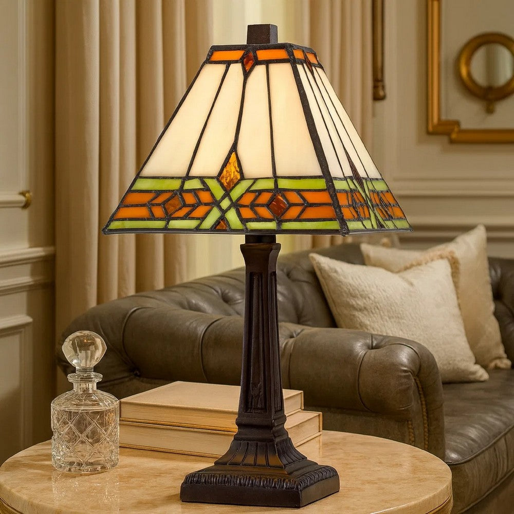 Eli 14 Inch Accent Lamp, Stained Square Tiffany Style Shade, Bronze Frame - BM295955