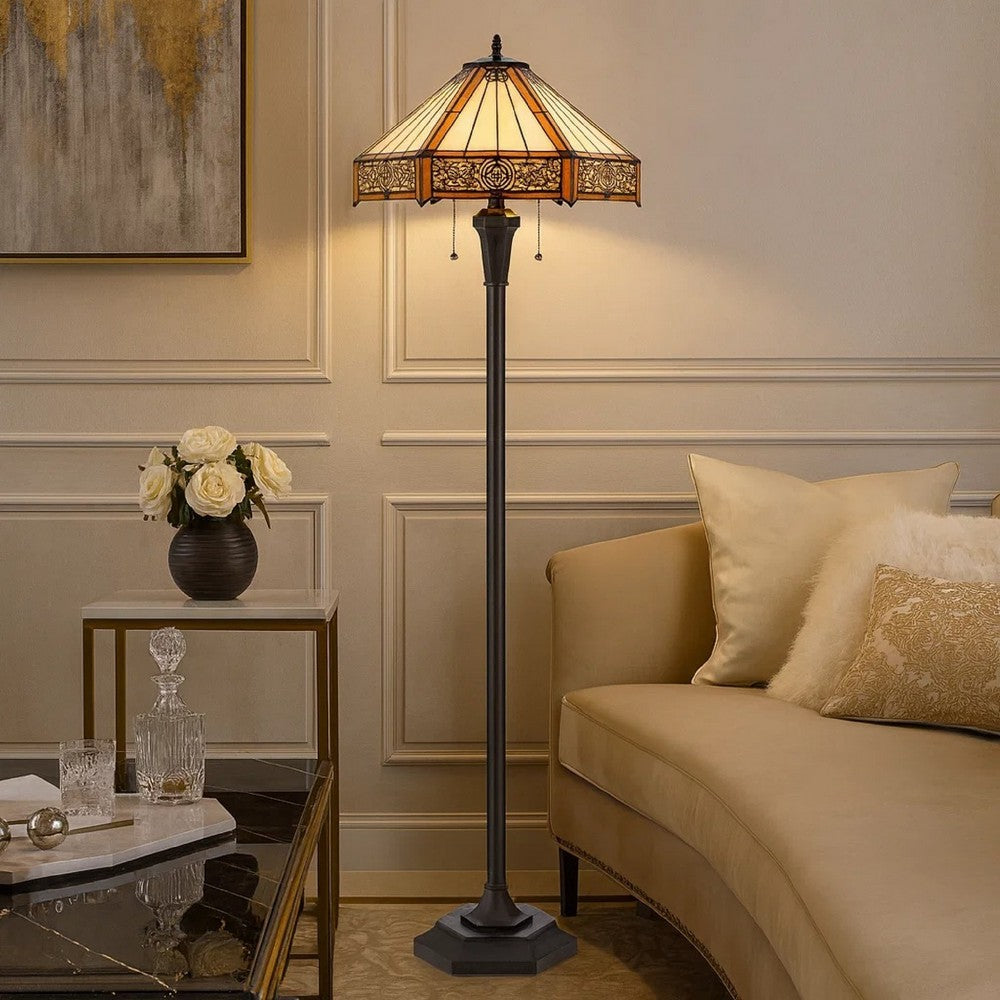 Eli 60 Inch Floor Lamp, Hexagonal Tiffany Style Shade, Dual Light, Bronze - BM295959