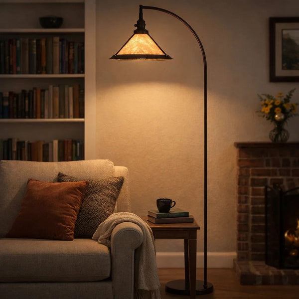 Cyan 65 Inch Adjustable Metal Arc Floor Lamp, White Mica Shade, Dark Bronze - BM295964