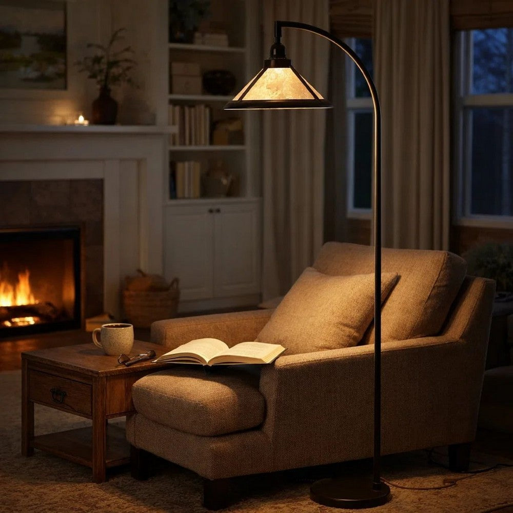 Cyan 65 Inch Adjustable Metal Arc Floor Lamp, White Mica Shade, Dark Bronze - BM295964