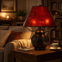 20 Inch Table Lamp, Vintage Red Amber Mica Shade, Upturned Arms, Round Body - BM295986