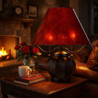 20 Inch Table Lamp, Vintage Red Amber Mica Shade, Upturned Arms, Round Body - BM295986