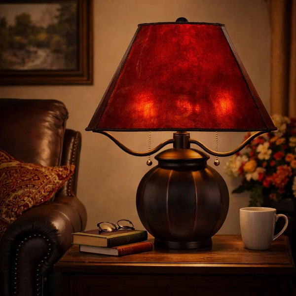 20 Inch Table Lamp, Vintage Red Amber Mica Shade, Upturned Arms, Round Body - BM295986