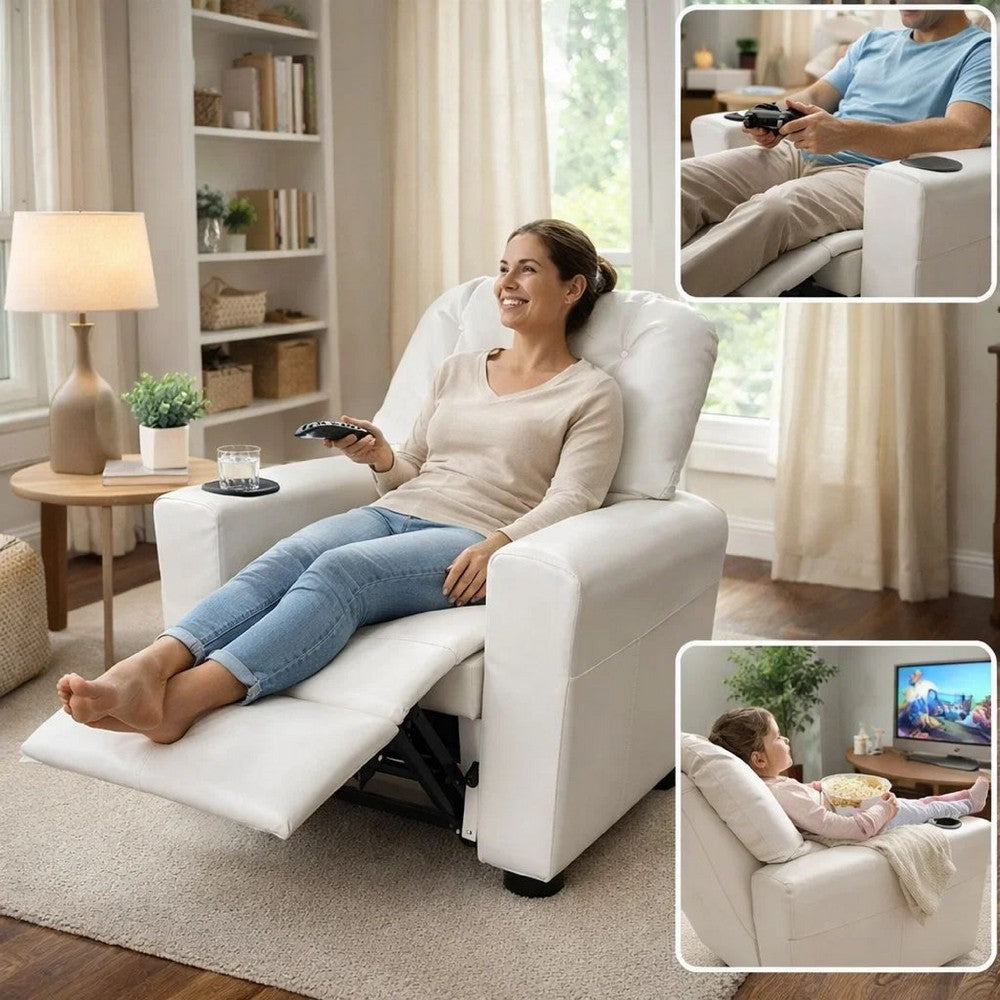 Nik Youth Recliner Chair, Cup Holder, Padded Seat and Back, White - BM296012