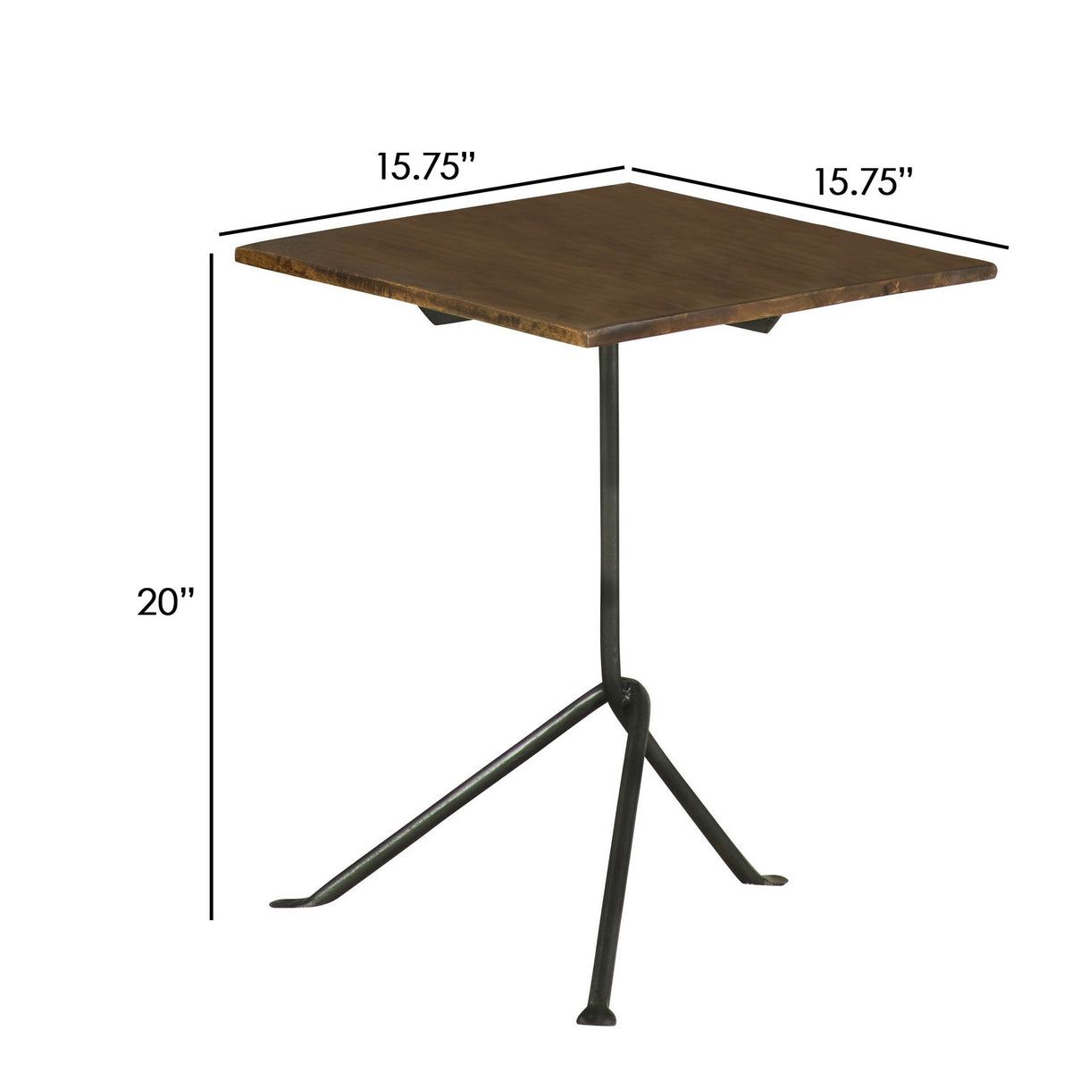 20 Inch Modern Square Accent Table, Gray Metal Tripod Base, Dark Brown Wood  - BM296071