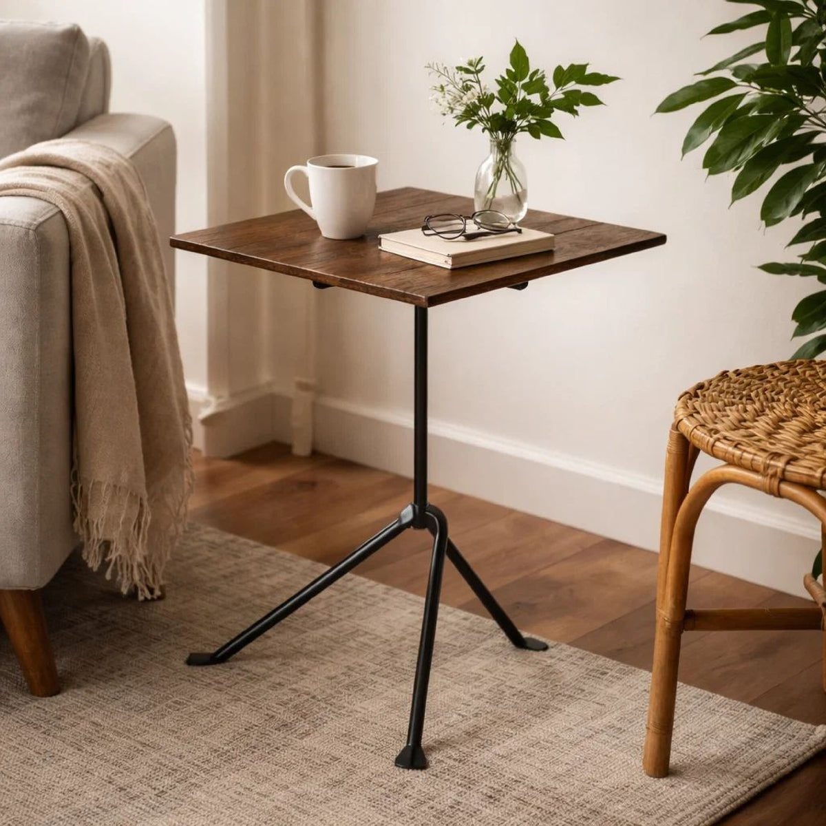 20 Inch Modern Square Accent Table, Gray Metal Tripod Base, Dark Brown Wood  - BM296071