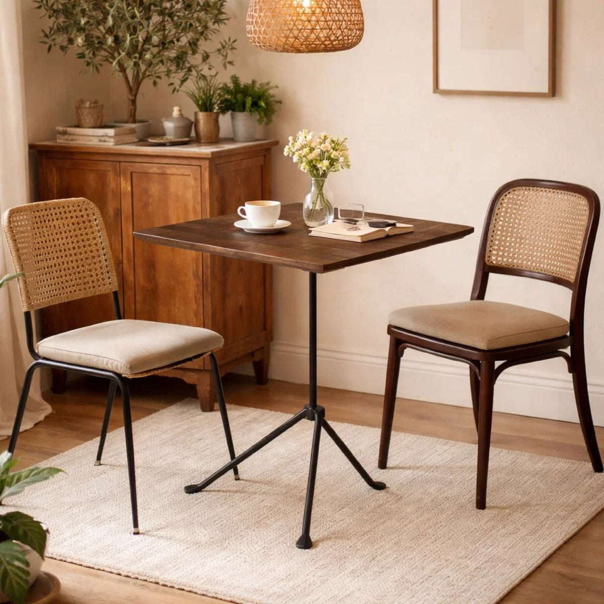 20 Inch Modern Square Accent Table, Gray Metal Tripod Base, Dark Brown Wood  - BM296071