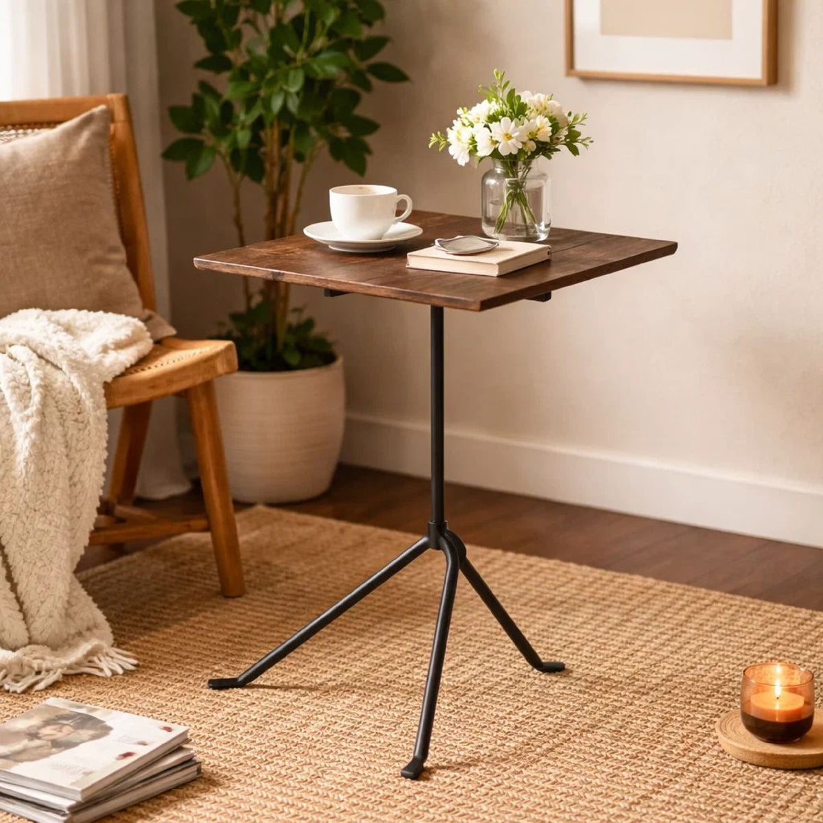 20 Inch Modern Square Accent Table, Gray Metal Tripod Base, Dark Brown Wood  - BM296071