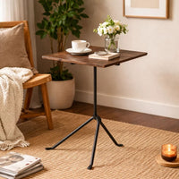 20 Inch Modern Square Accent Table, Gray Metal Tripod Base, Dark Brown Wood  - BM296071
