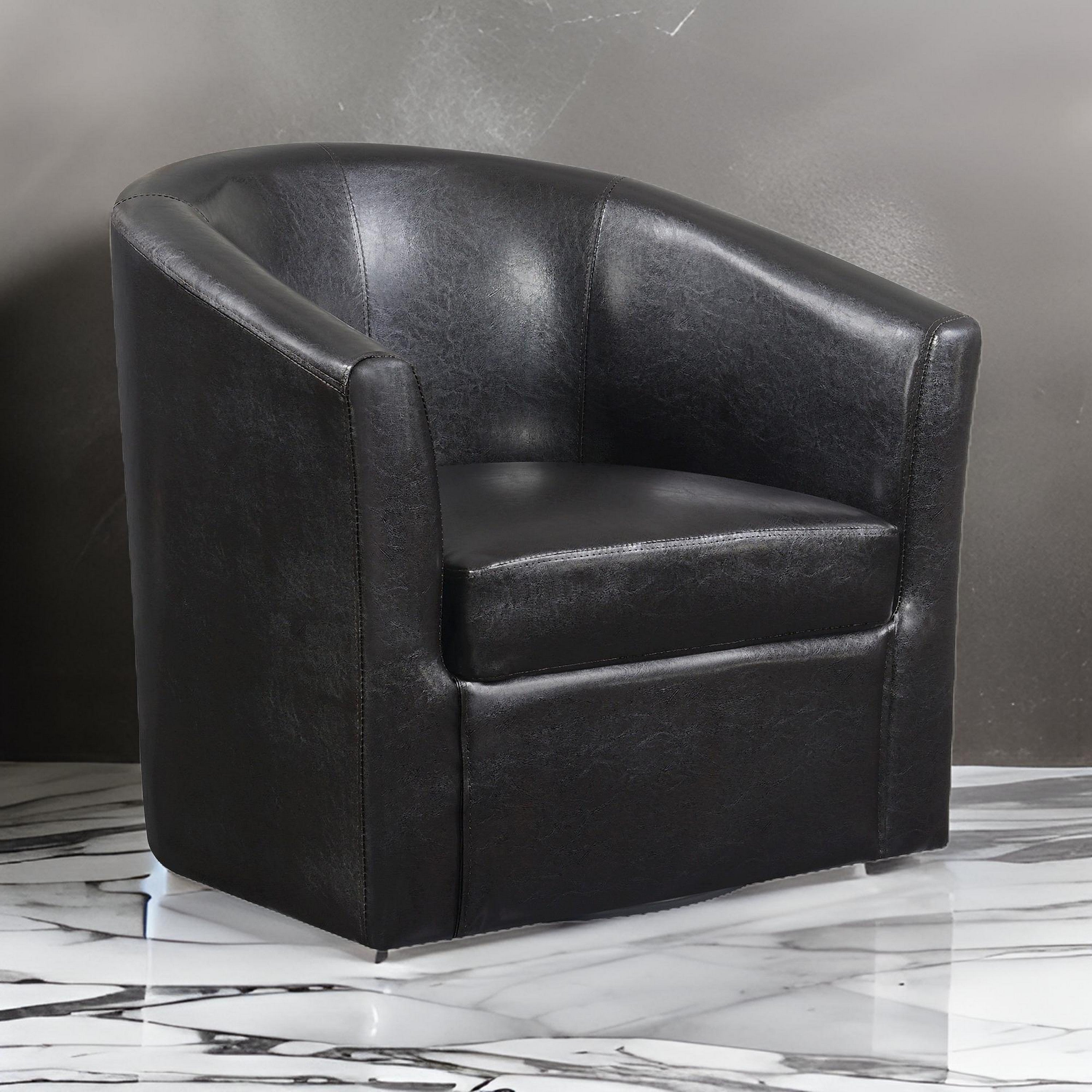 benzara 30 Inch Swivel Accent Chair Barrel Back Sloped Arms Brown Faux Leather - BM296073