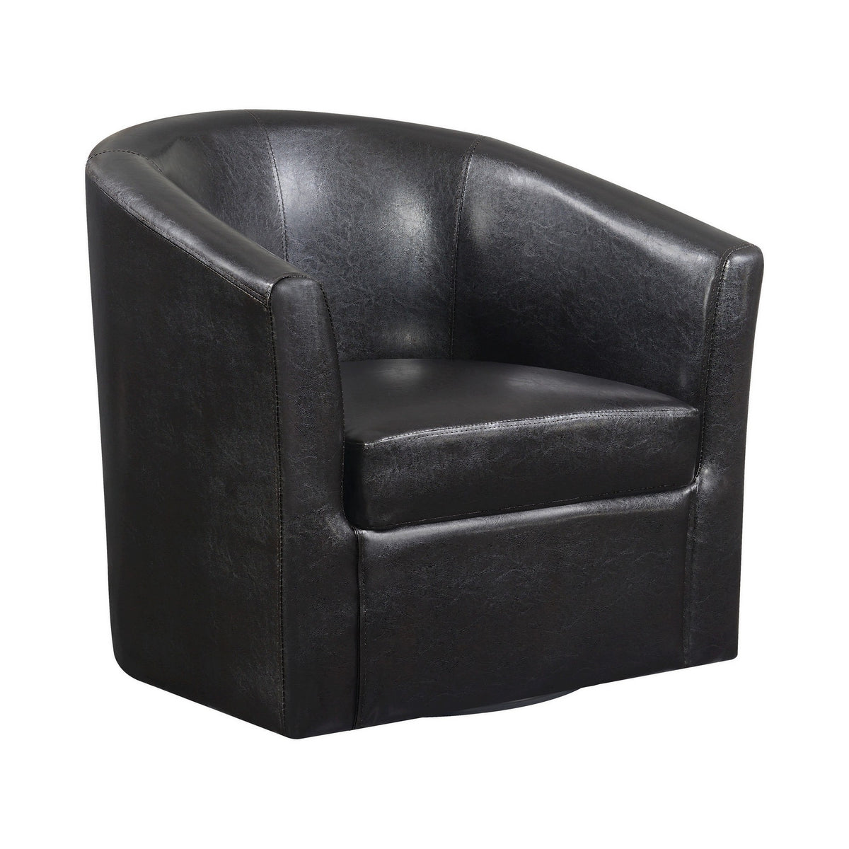 30 Inch Swivel Accent Chair, Barrel Back, Sloped Arms, Brown Faux Leather - BM296073