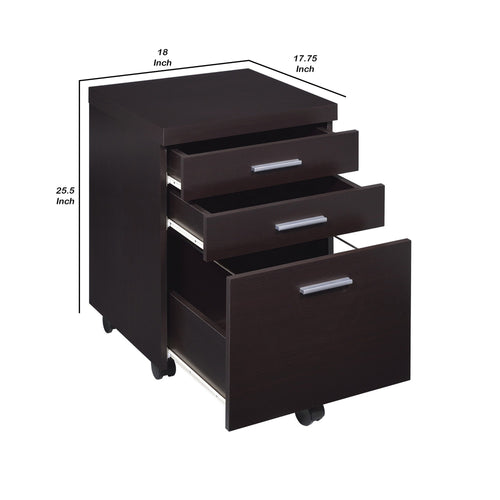 26 Inch 3 Drawer Mobile File Cabinet, Smooth Caster Wheels, Dark Cappuccino  - BM296100