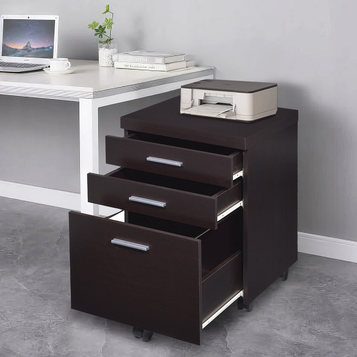 26 Inch 3 Drawer Mobile File Cabinet, Smooth Caster Wheels, Dark Cappuccino  - BM296100