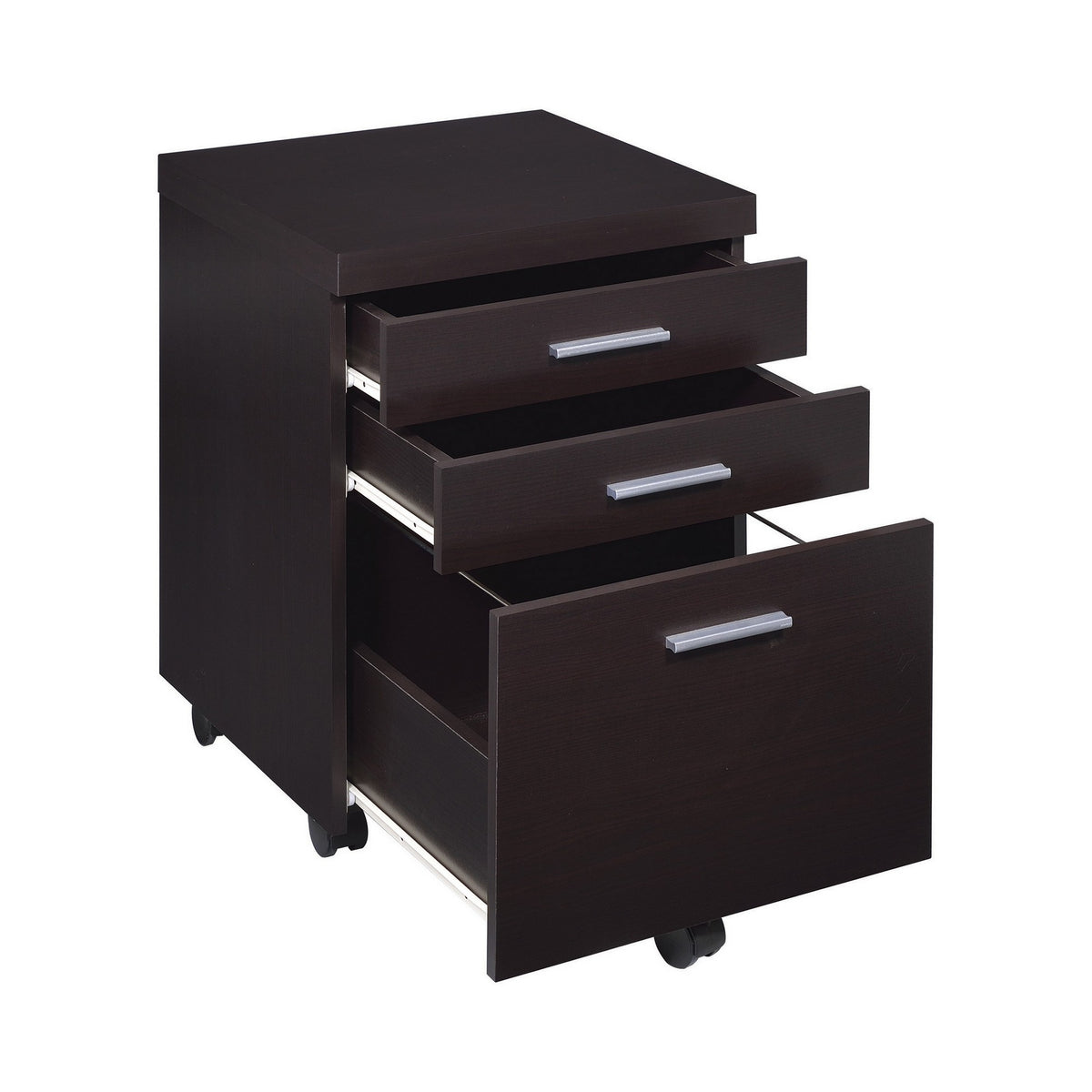 26 Inch 3 Drawer Mobile File Cabinet, Smooth Caster Wheels, Dark Cappuccino  - BM296100