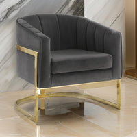 30 Inch Barrel Foam Accent Chair, Brushed Gold Floating Base, Gray Velvet - BM296117