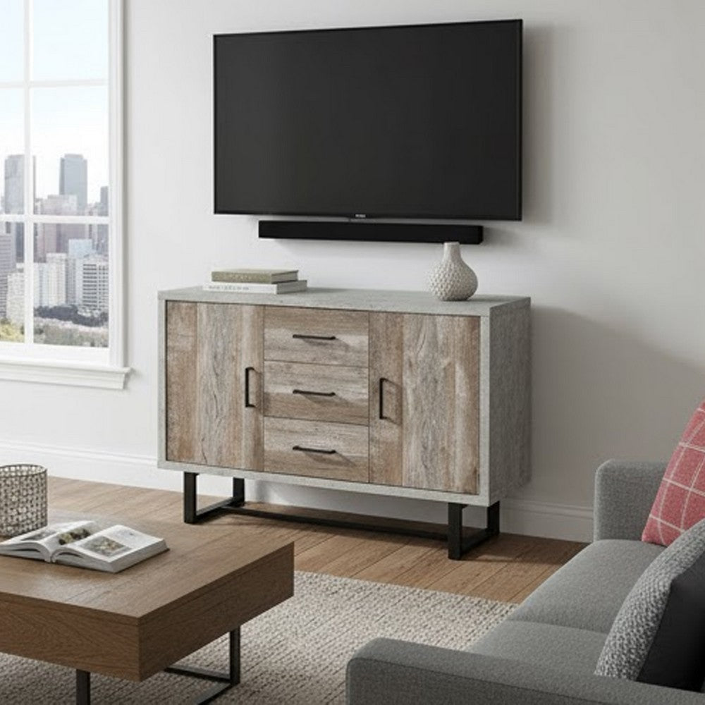 47 Inch 3 Drawer Sideboard Console Cabinet, Sled Legs, Gray Faux Concrete - BM296126