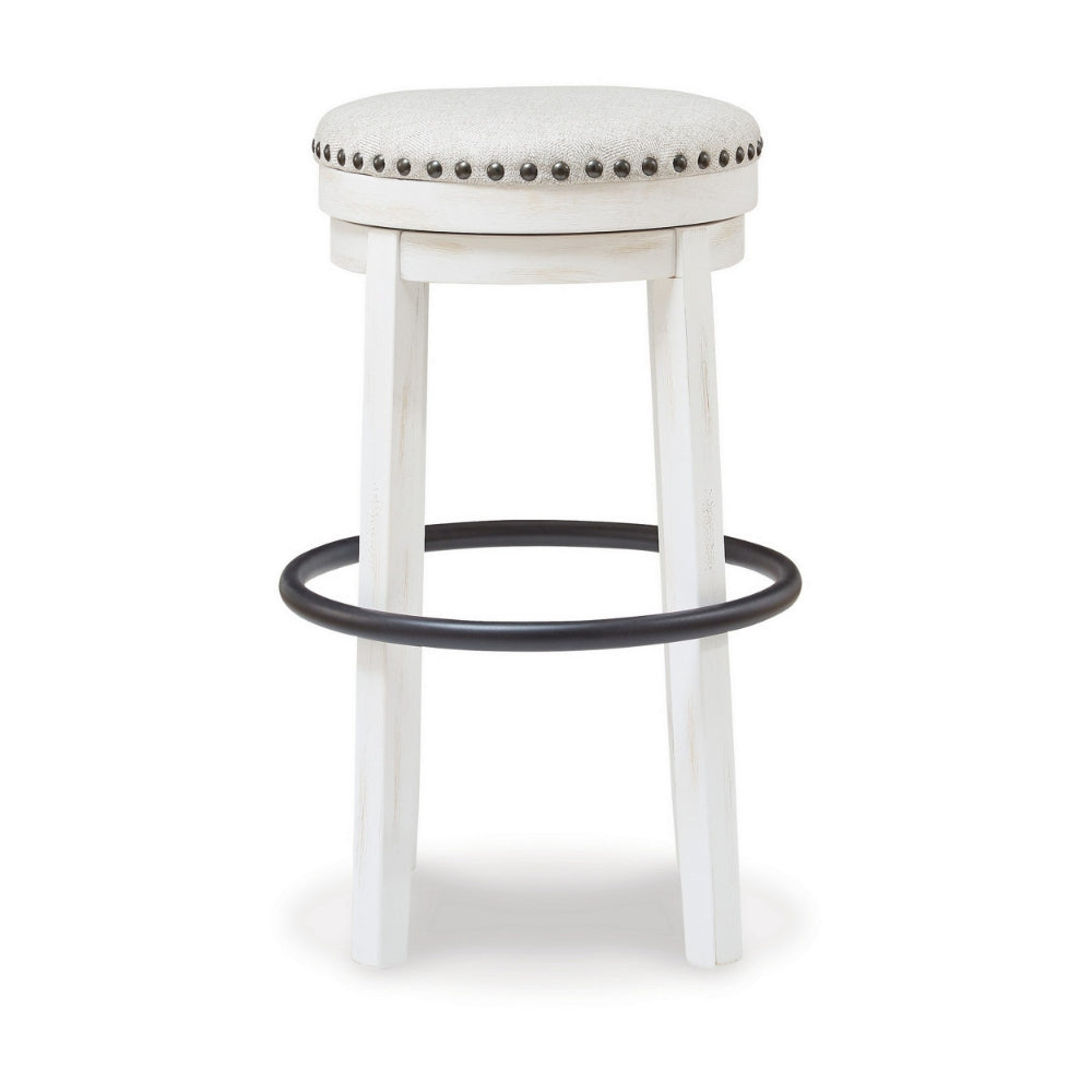 Zane 30 Inch Backless Swivel Barstool, Round White Seat, White Wood Frame - BM296553