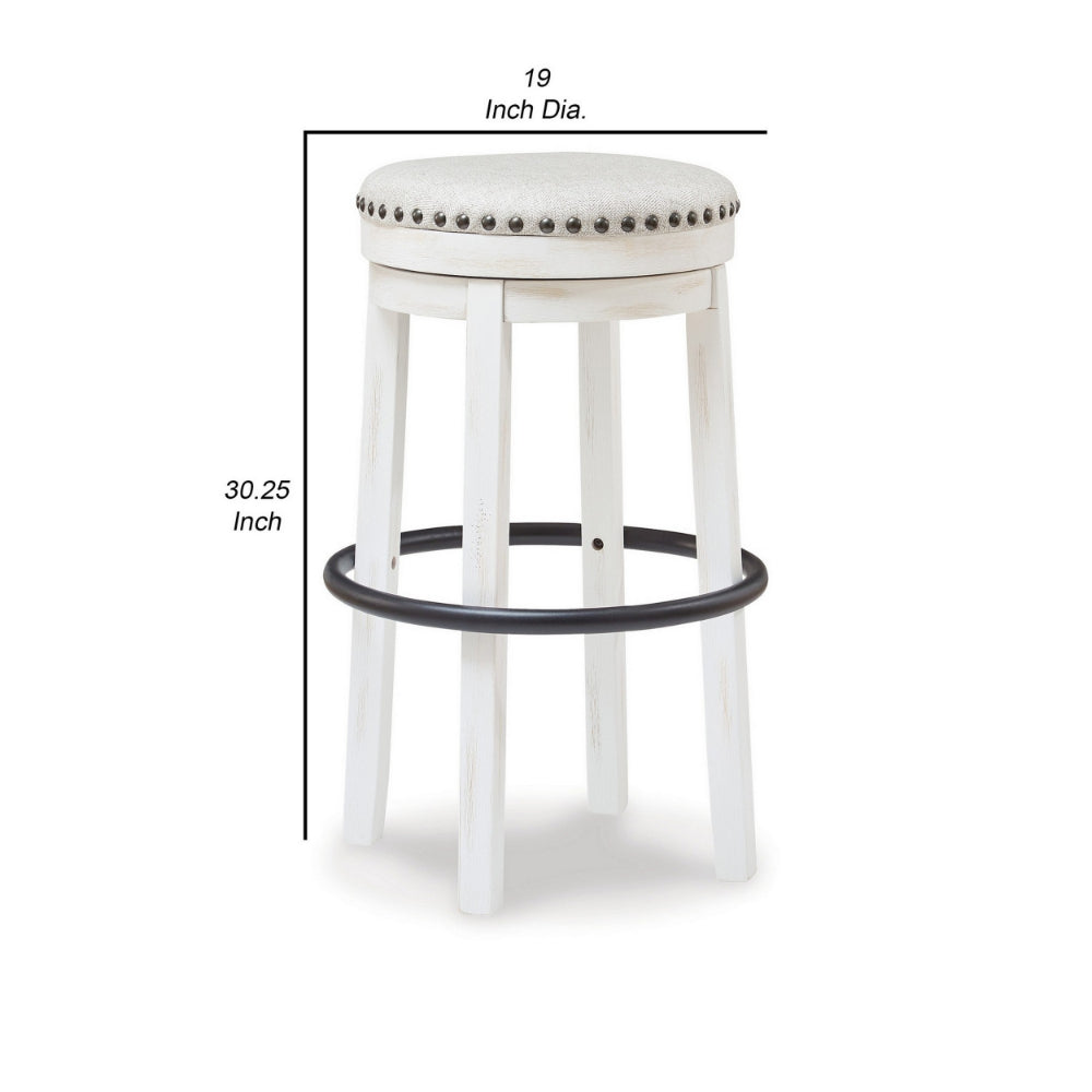 Zane 30 Inch Backless Swivel Barstool, Round White Seat, White Wood Frame - BM296553