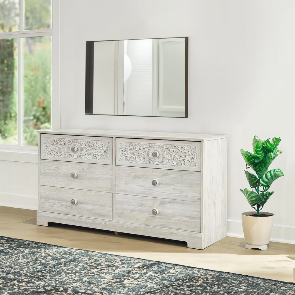 59 Inch Dresser, 6 Drawers, Medallion Design Front, Whitewashed MDF Frame - BM296558